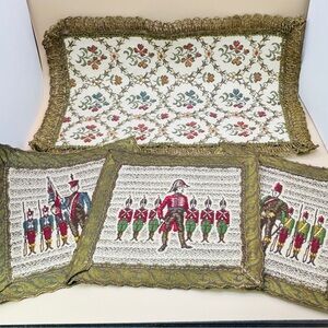 Vintage Embroidered Velvet Tapestry Doilies Set of 4 Military Floral Gold Fringe